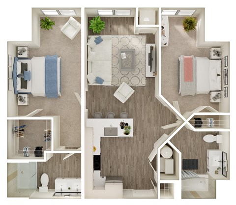 Floor plan for 2 beds, 2 baths, 936 sqft